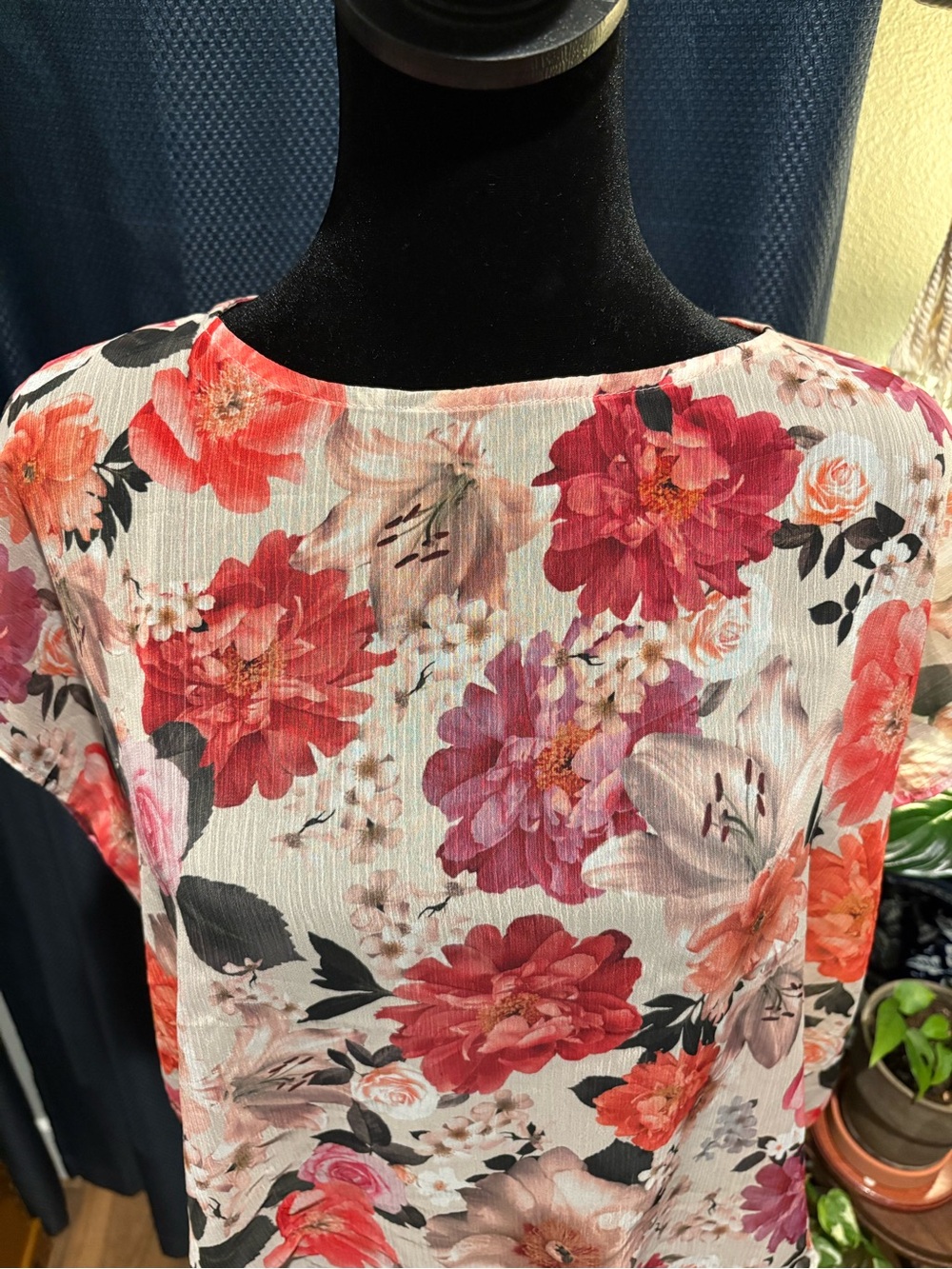 Express Sheer Floral Boatneck Blouse in Coral and Cream
